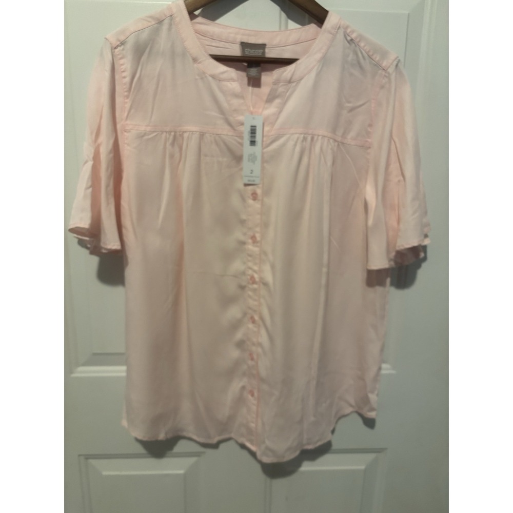 Chico's Blouse Pink Button Up Short Sleeve Top V Neck Size 2 Large